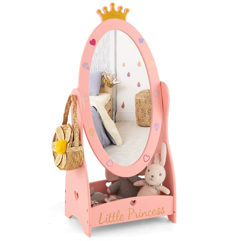 Kids Full Length Mirror with 360 Degree Rotatable Design and Shelf-Pink by DirectDeals