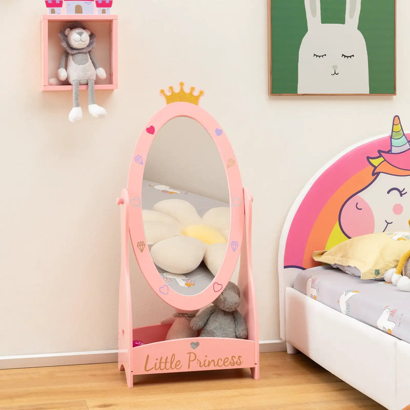 Kids Full Length Mirror with 360 Degree Rotatable Design and Shelf-Pink by DirectDeals