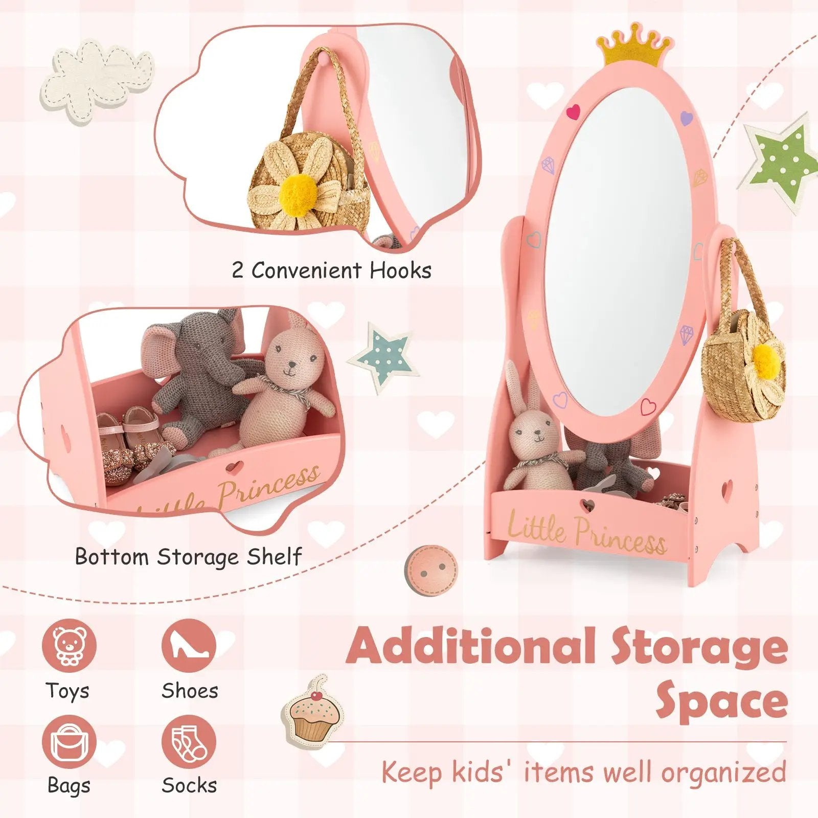 Kids Full Length Mirror with 360 Degree Rotatable Design and Shelf-Pink by DirectDeals