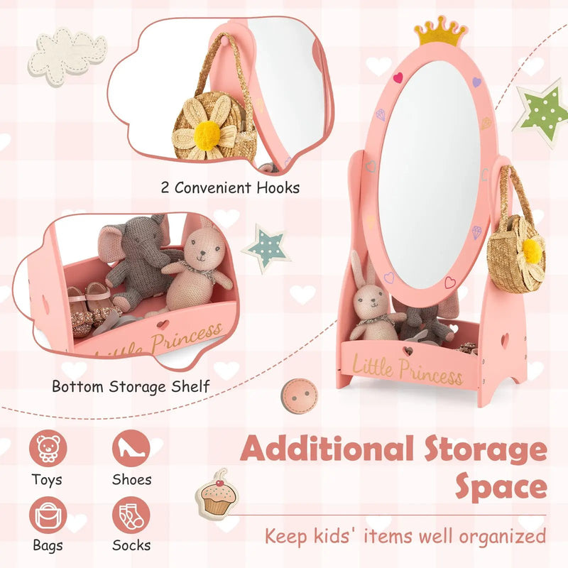Kids Full Length Mirror with 360 Degree Rotatable Design and Shelf-Pink by DirectDeals