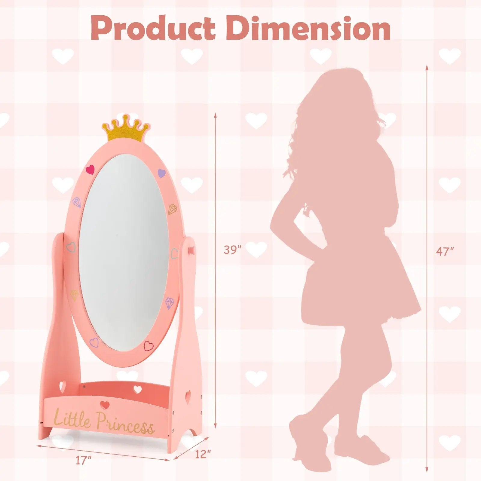Kids Full Length Mirror with 360 Degree Rotatable Design and Shelf-Pink by DirectDeals