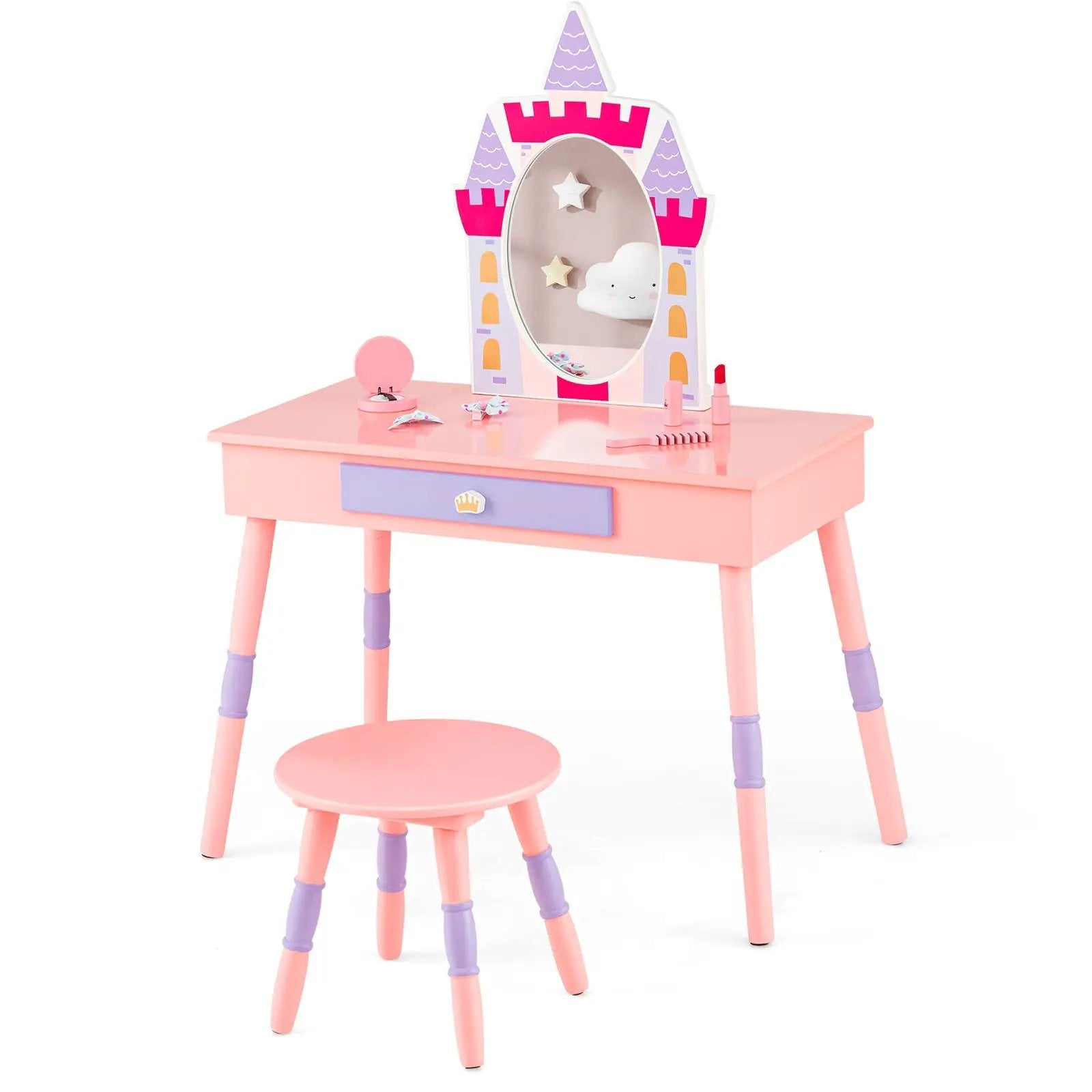 Kids Princess Vanity Table and Stool Set with Drawer and Mirror-Pink by DirectDeals