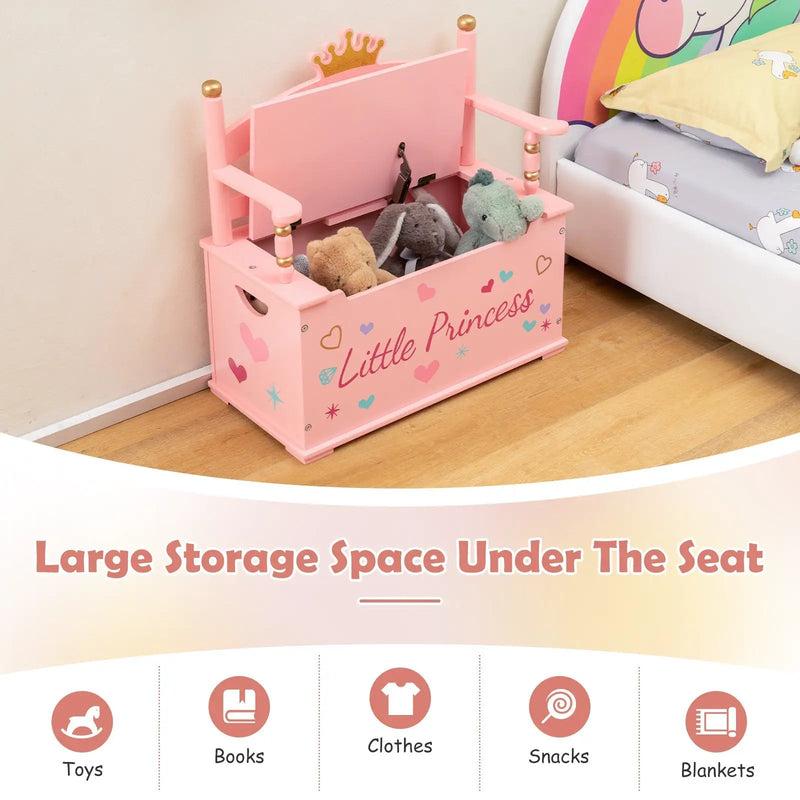2-In-1 Kids Princess Wooden Toy Box with Safe Hinged Lid-Pink by DirectDeals