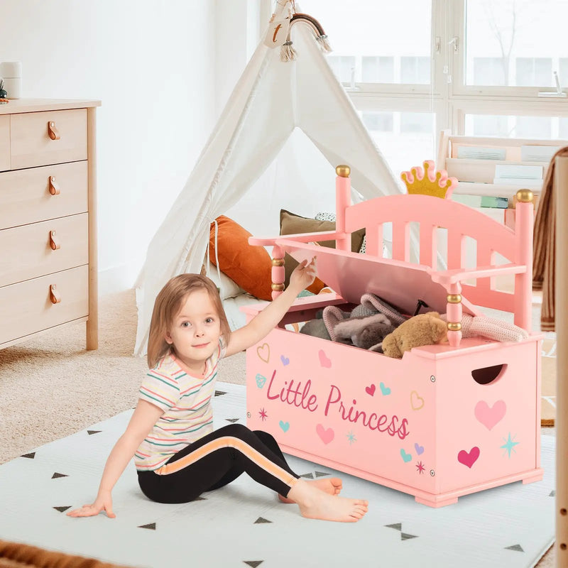 2-In-1 Kids Princess Wooden Toy Box with Safe Hinged Lid-Pink by DirectDeals