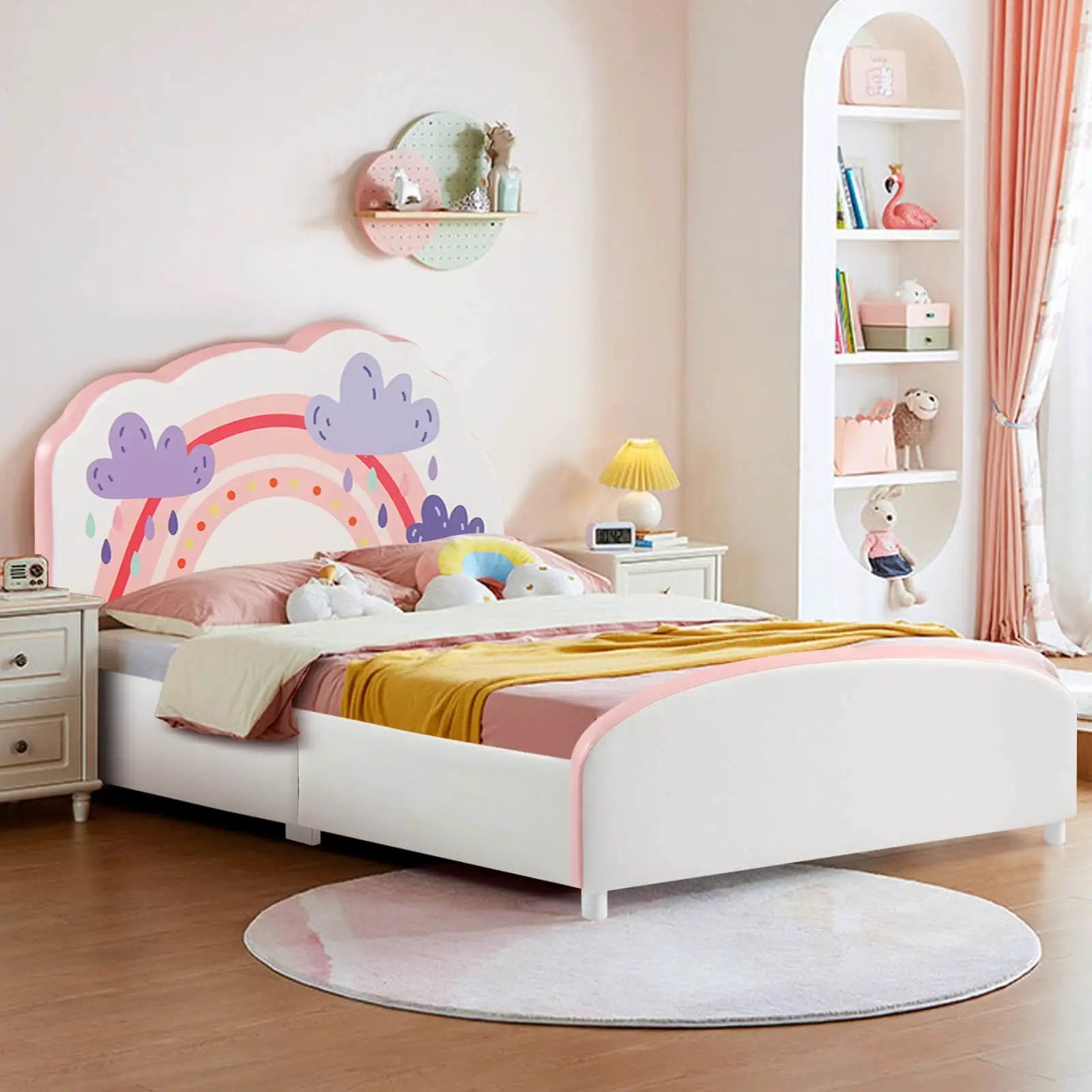 Kids Twin Size Upholstered Platform Wooden Bed with Rainbow Pattern by DirectDeals