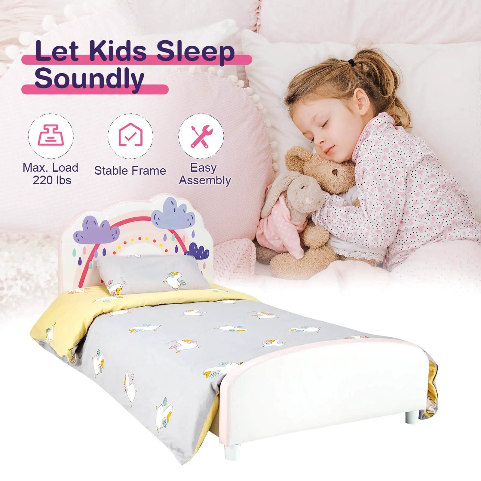 Kids Twin Size Upholstered Platform Wooden Bed with Rainbow Pattern by DirectDeals