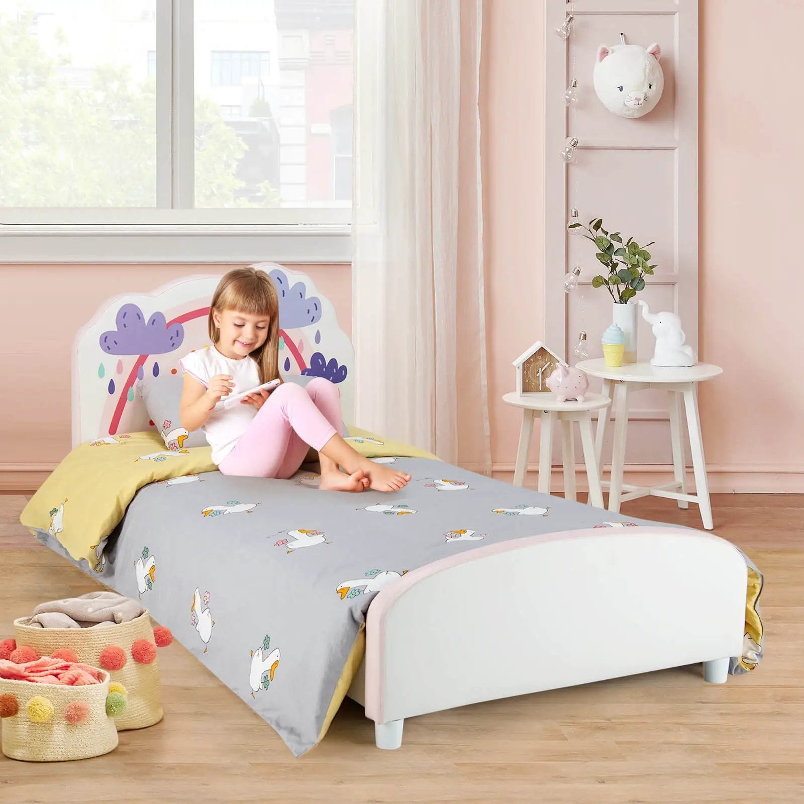 Kids Twin Size Upholstered Platform Wooden Bed with Rainbow Pattern by DirectDeals