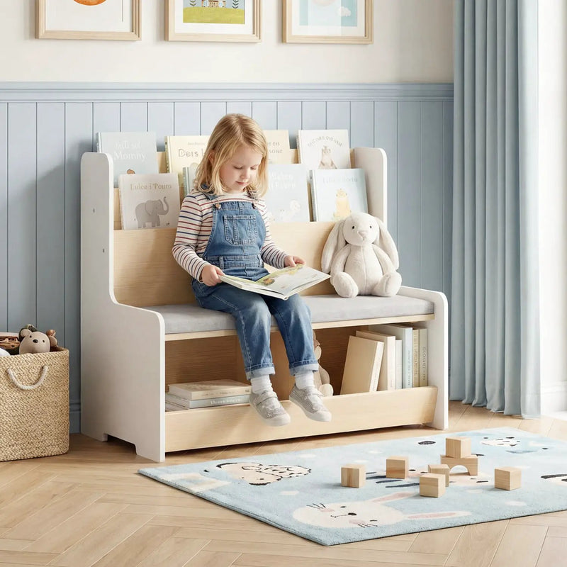 Kids Reading Nook with Bench Bookshelf and 2 Cubbies by DirectDeals