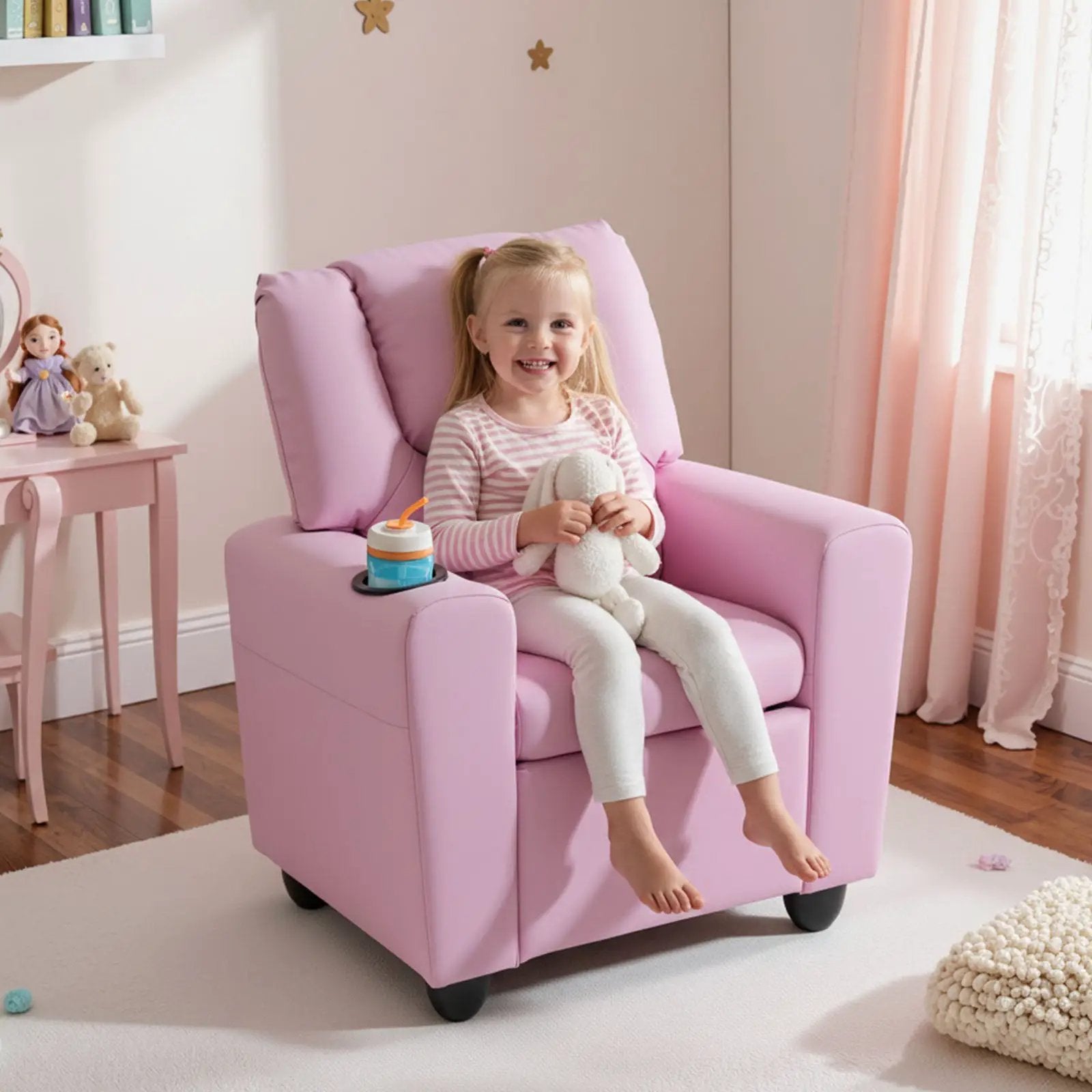 Kids Recliner Chair Push Back Toddler Reclining Armchair with Cup Holder by DirectDeals