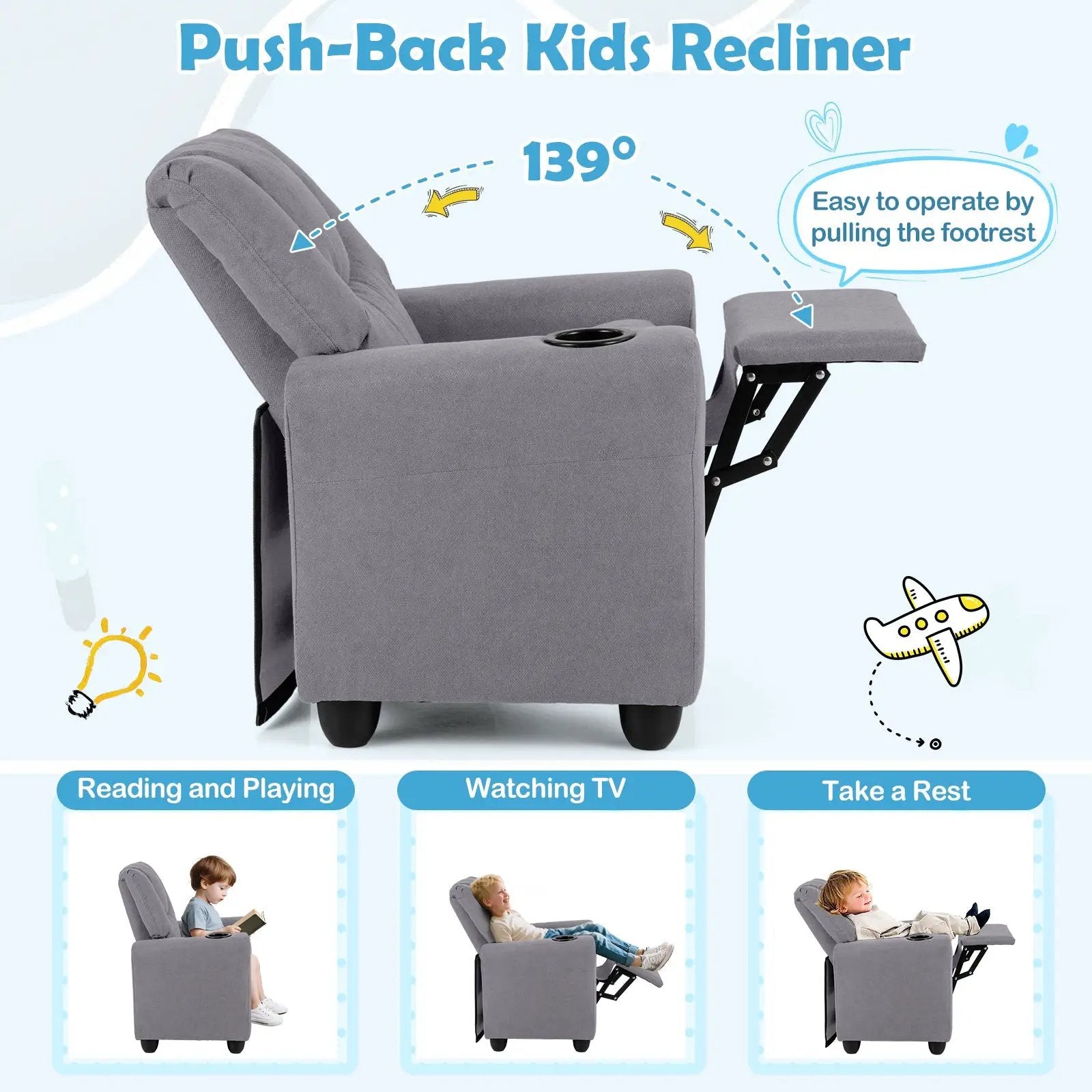 Kids Recliner Chair Push Back Toddler Reclining Armchair with Cup Holder by DirectDeals