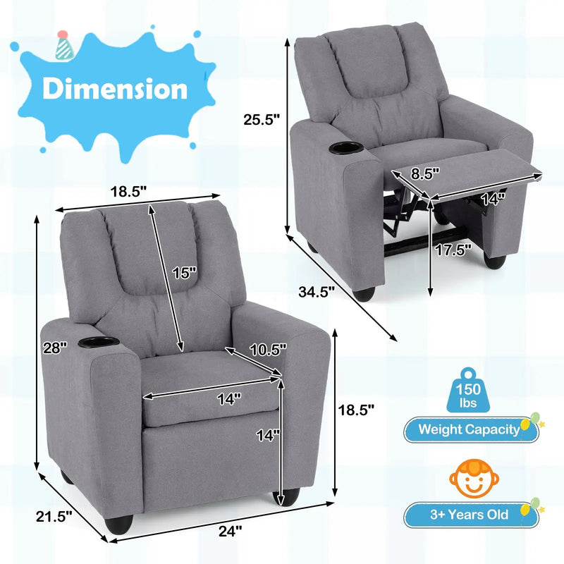 Kids Recliner Chair Push Back Toddler Reclining Armchair with Cup Holder by DirectDeals