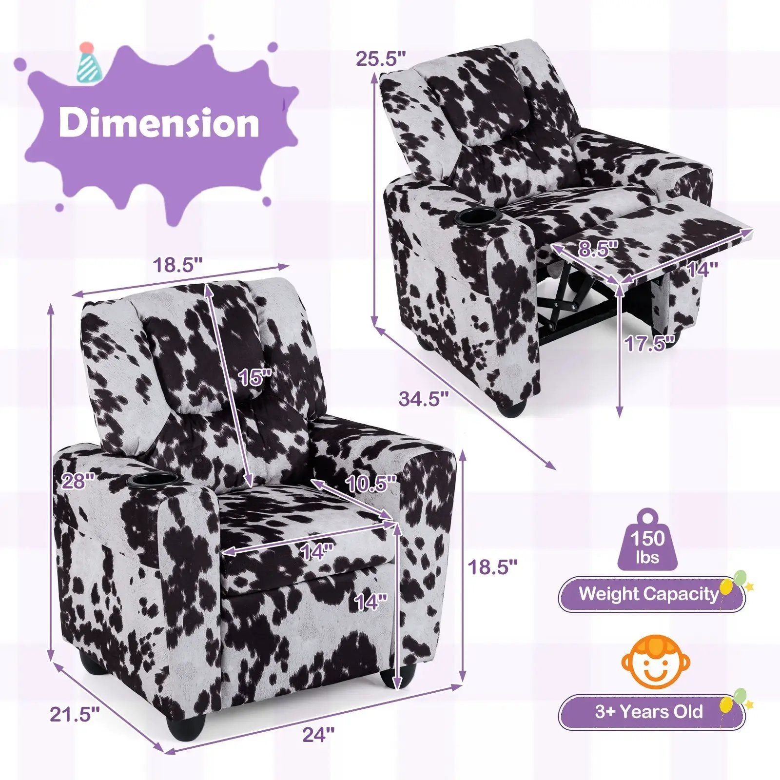 Kids Recliner Chair Push Back Toddler Reclining Armchair with Cup Holder by DirectDeals