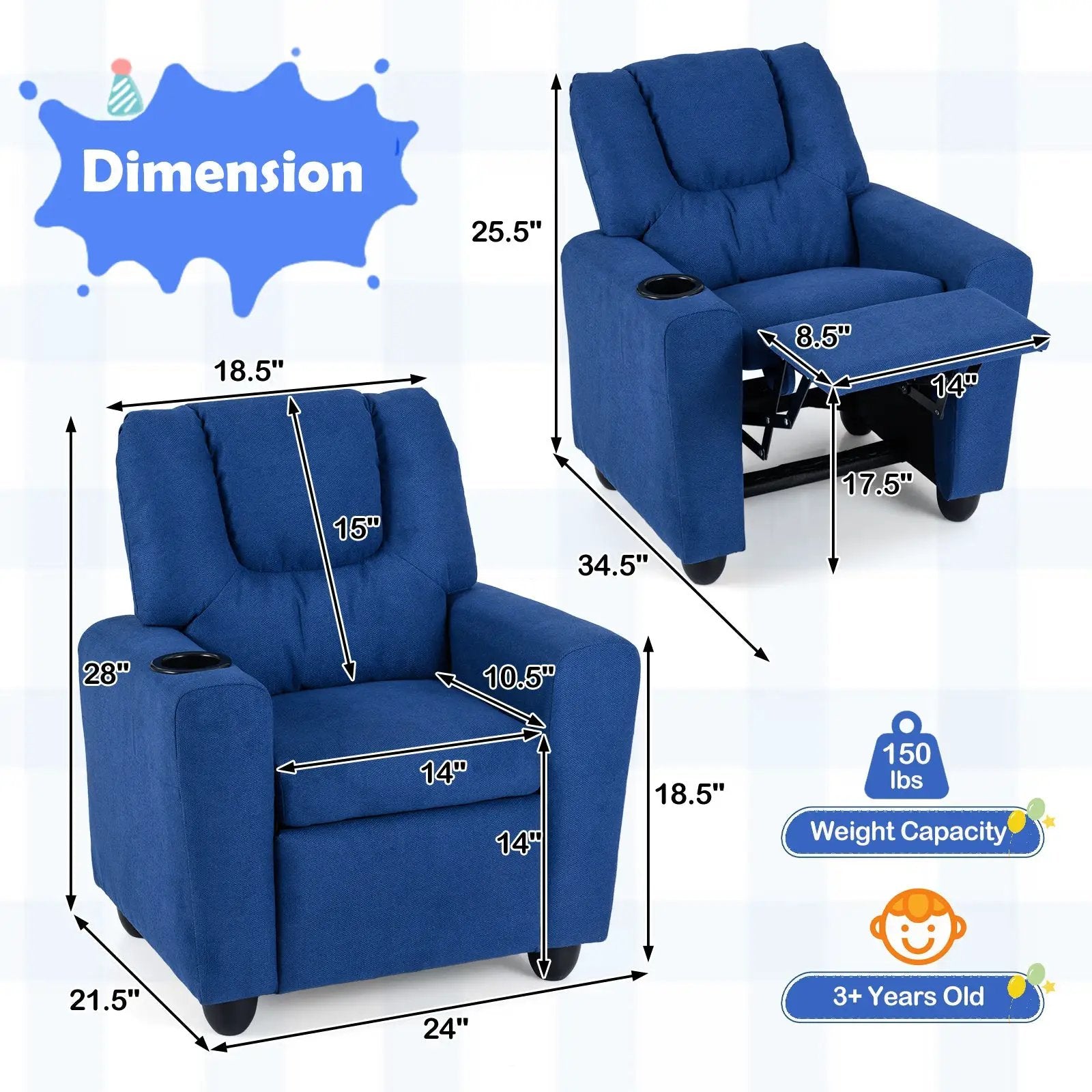 Kids Recliner Chair Push Back Toddler Reclining Armchair with Cup Holder by DirectDeals