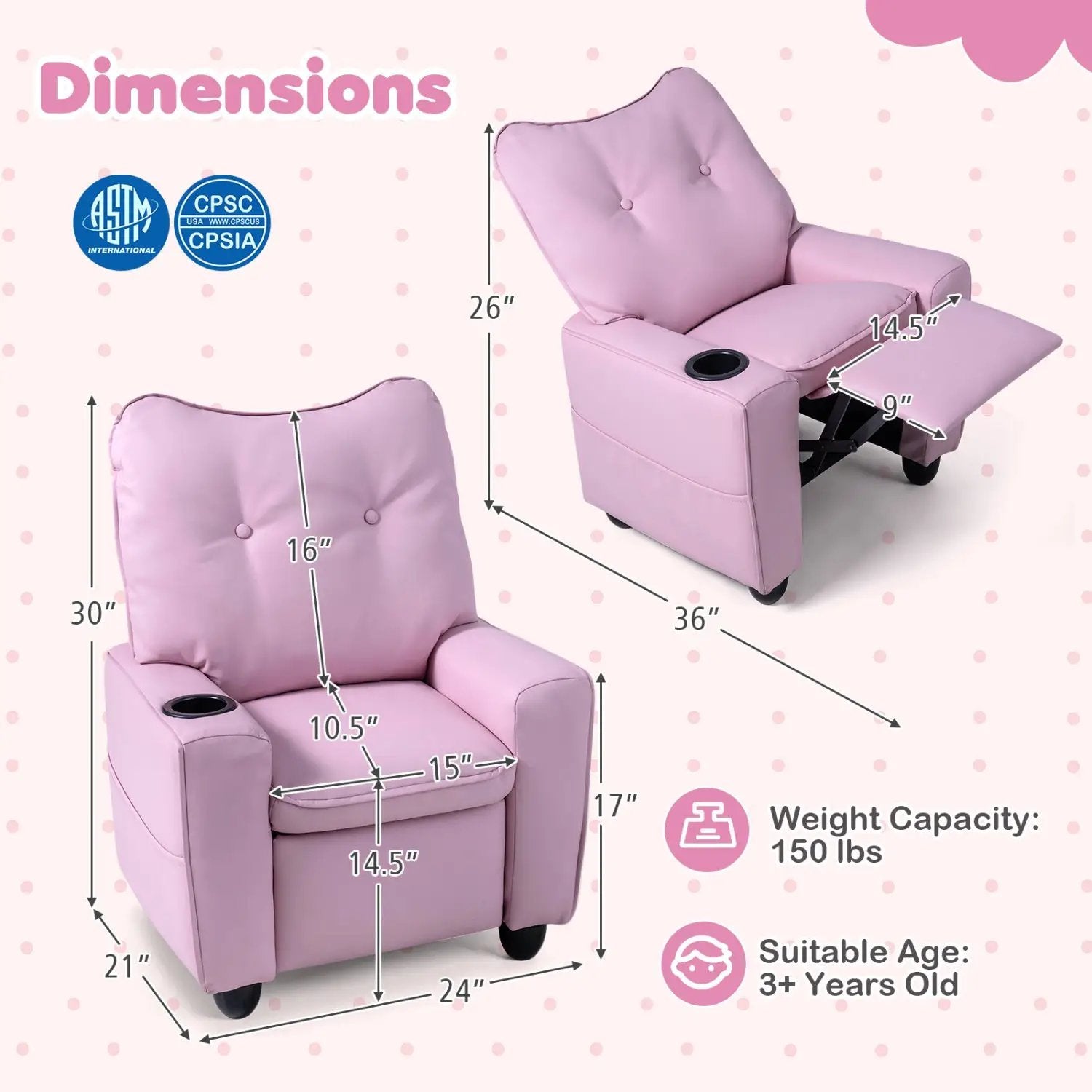 Kids Recliner Chair with Cup Holder and Adjustable Backrest by DirectDeals