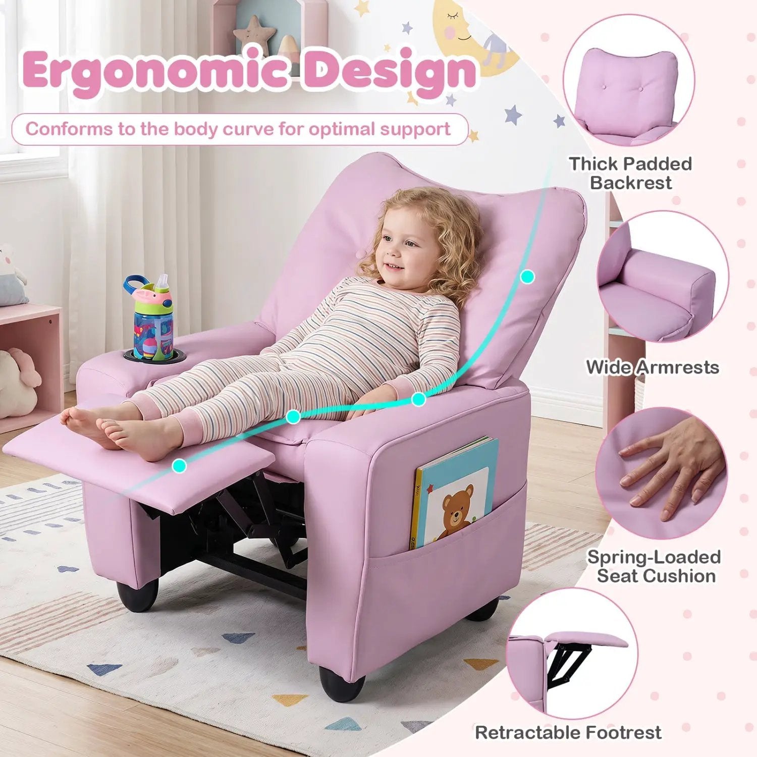 Kids Recliner Chair with Cup Holder and Adjustable Backrest by DirectDeals
