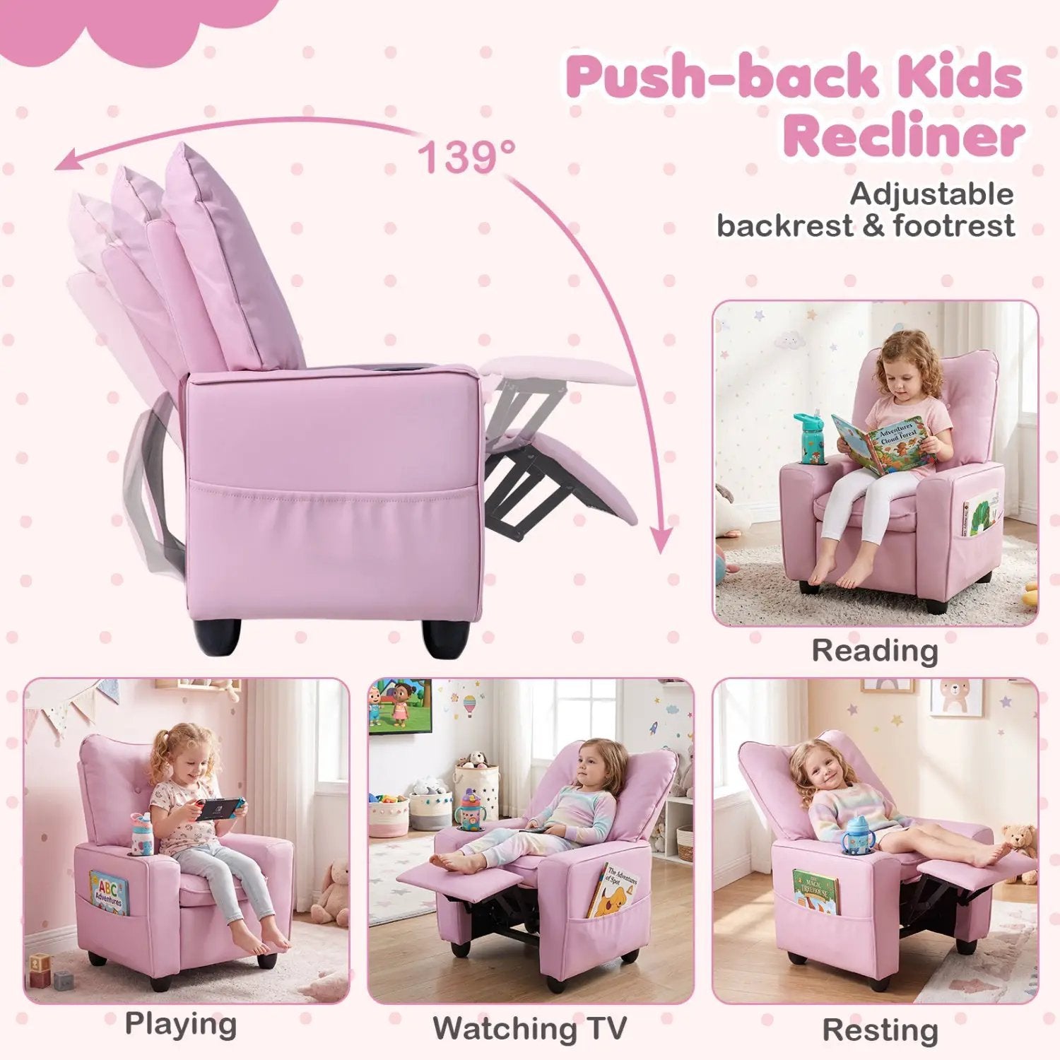 Kids Recliner Chair with Cup Holder and Adjustable Backrest by DirectDeals