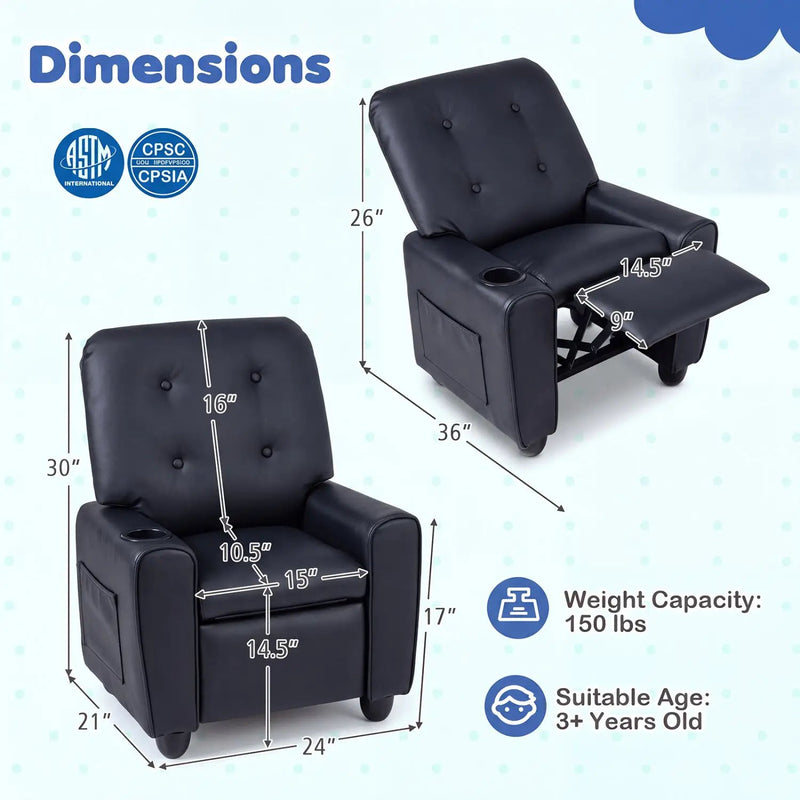 Kids Recliner Chair with Cup Holder & Adjustable Backrest by DirectDeals