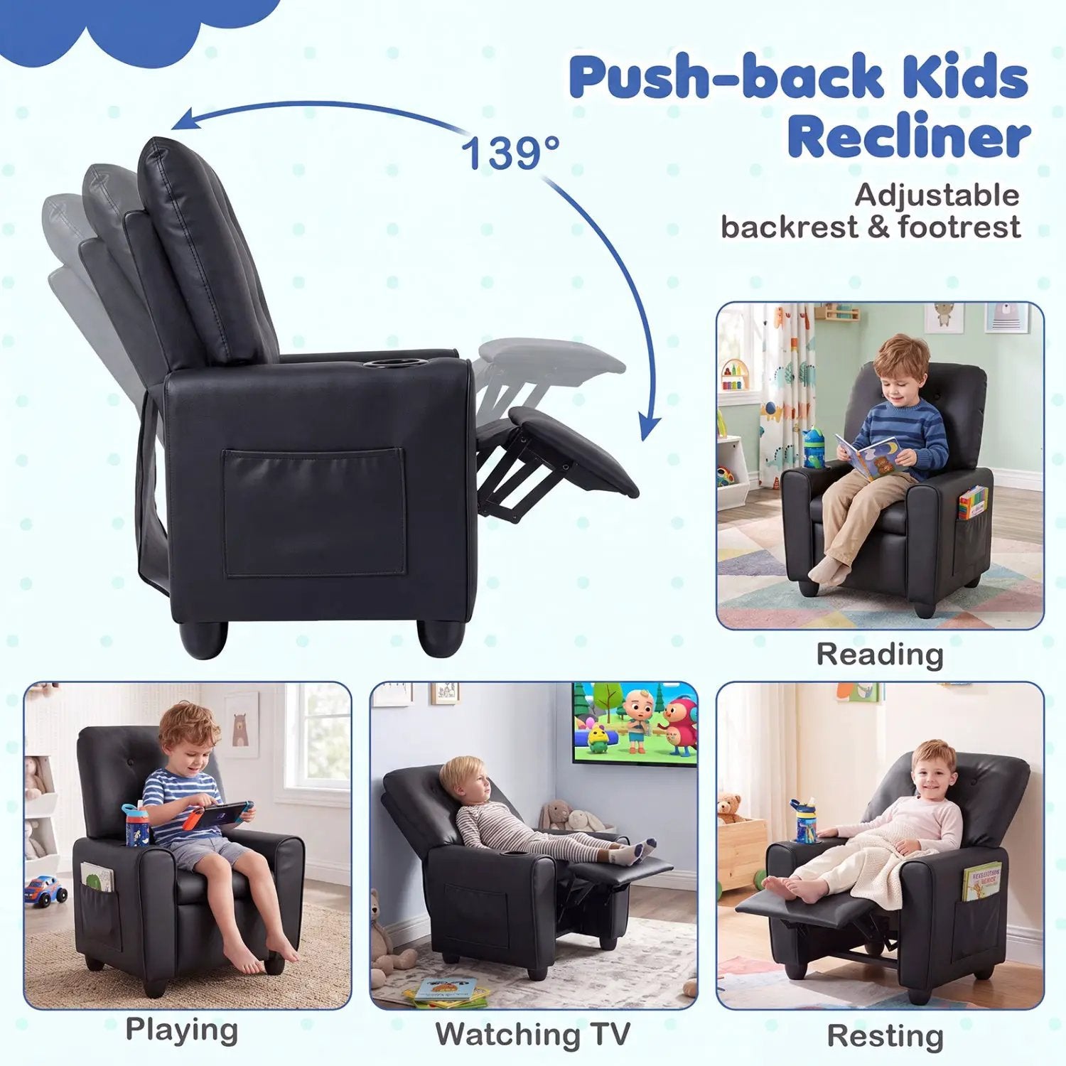 Kids Recliner Chair with Cup Holder & Adjustable Backrest by DirectDeals