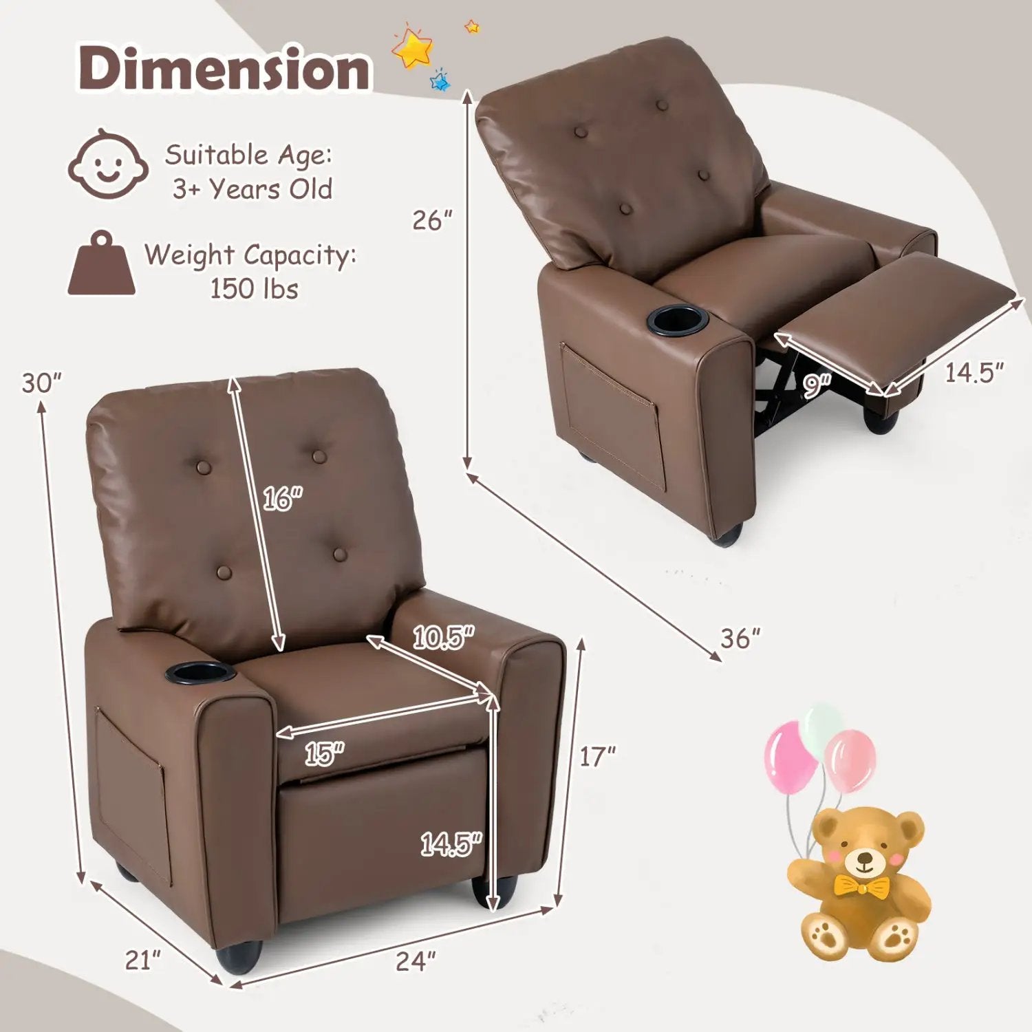 Kids Recliner Chair with Cup Holder & Adjustable Backrest by DirectDeals