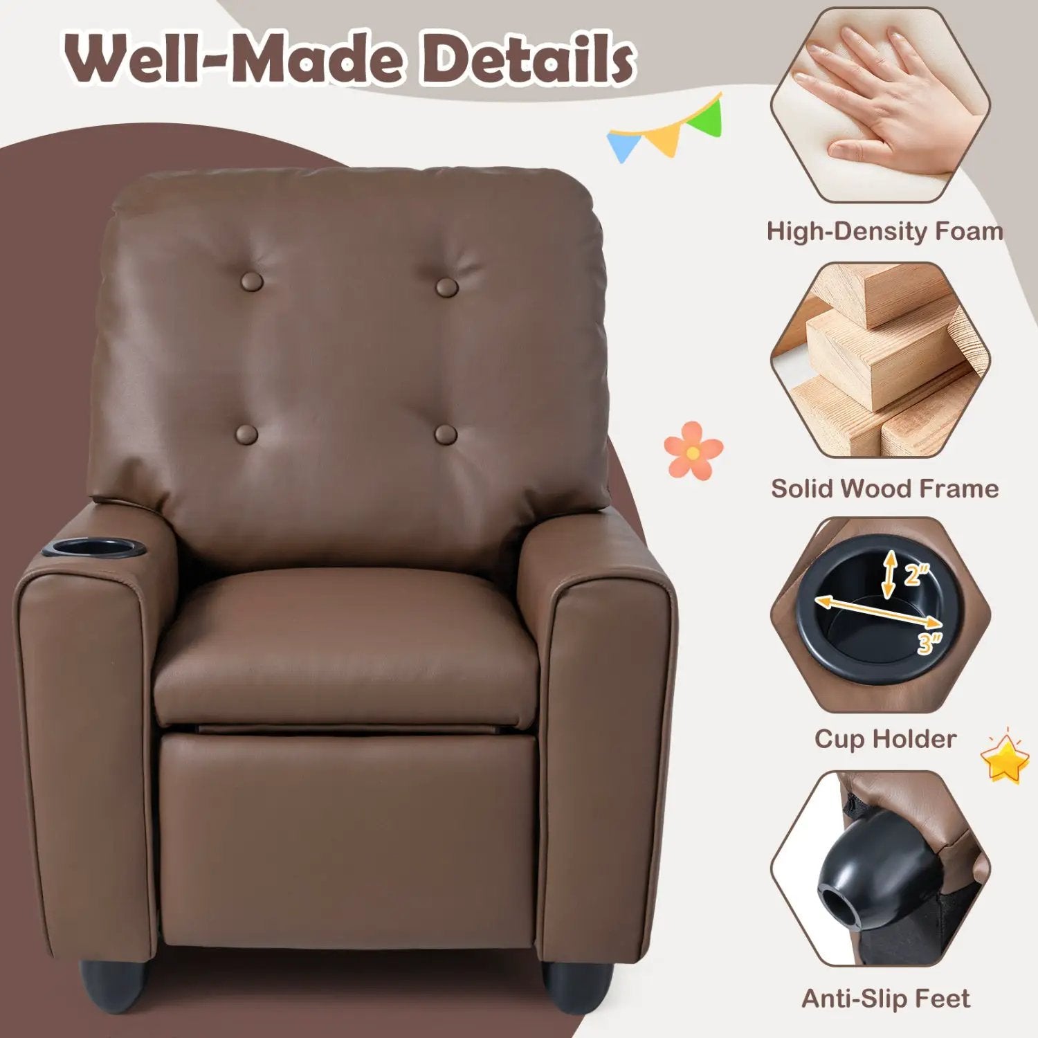Kids Recliner Chair with Cup Holder & Adjustable Backrest by DirectDeals