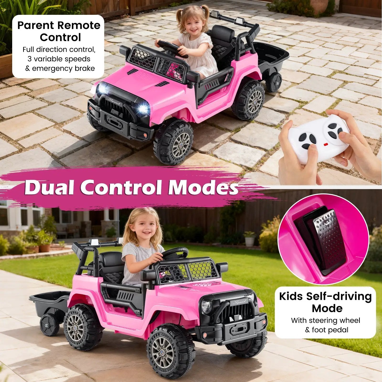 Kids Ride On UTV Car with Detachable Trailer 12V Battery Powered Ride On Truck by DirectDeals
