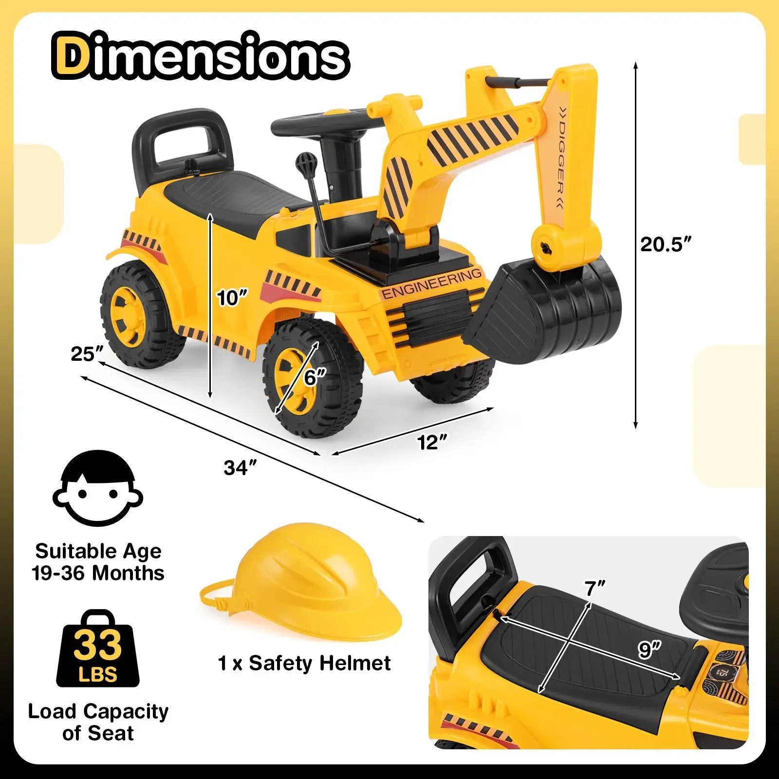 Kids Ride on Excavator with Adjustable Shovel-Yellow by DirectDeals
