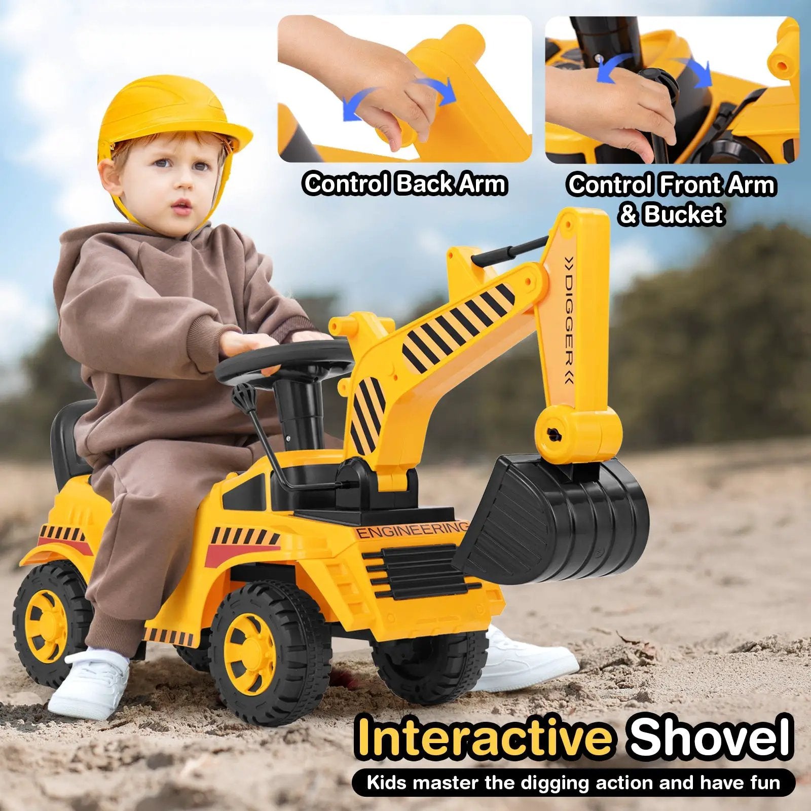 Kids Ride on Excavator with Adjustable Shovel-Yellow by DirectDeals