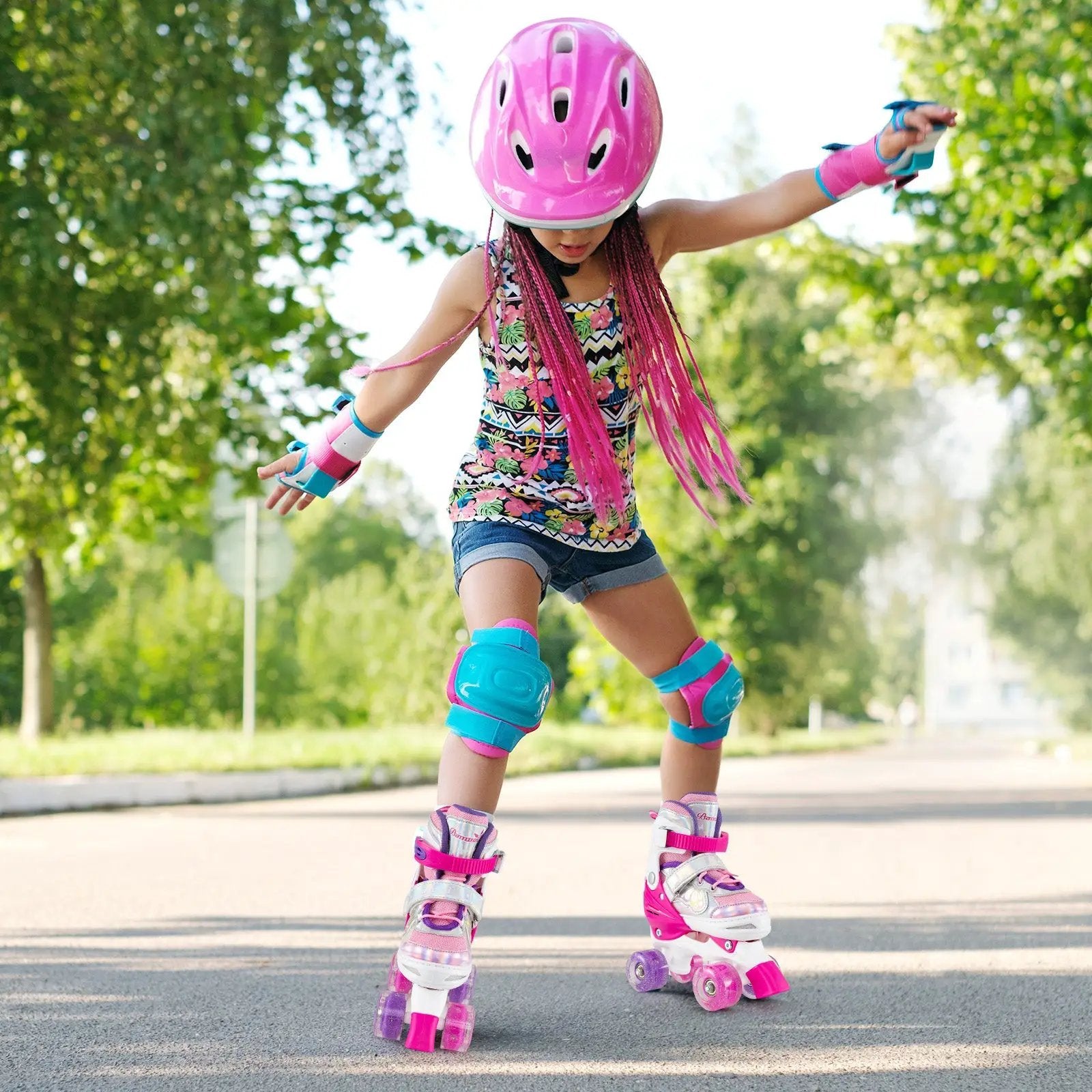 Kids Roller Skates 4 Sizes Adjustable Quad Skates with Light-up Wheels and Safety Protection by DirectDeals