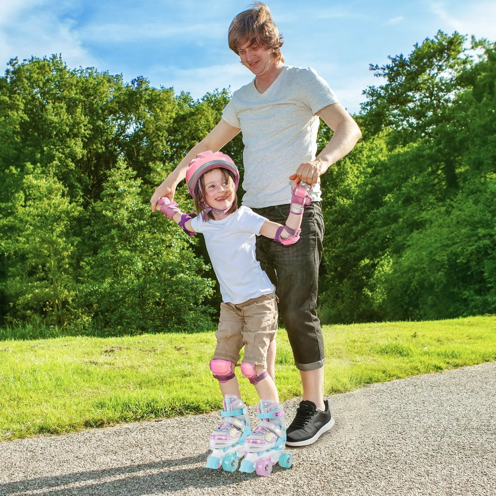 Kids Roller Skates 4 Sizes Adjustable Quad Skates with Light-up Wheels and Safety Protection by DirectDeals
