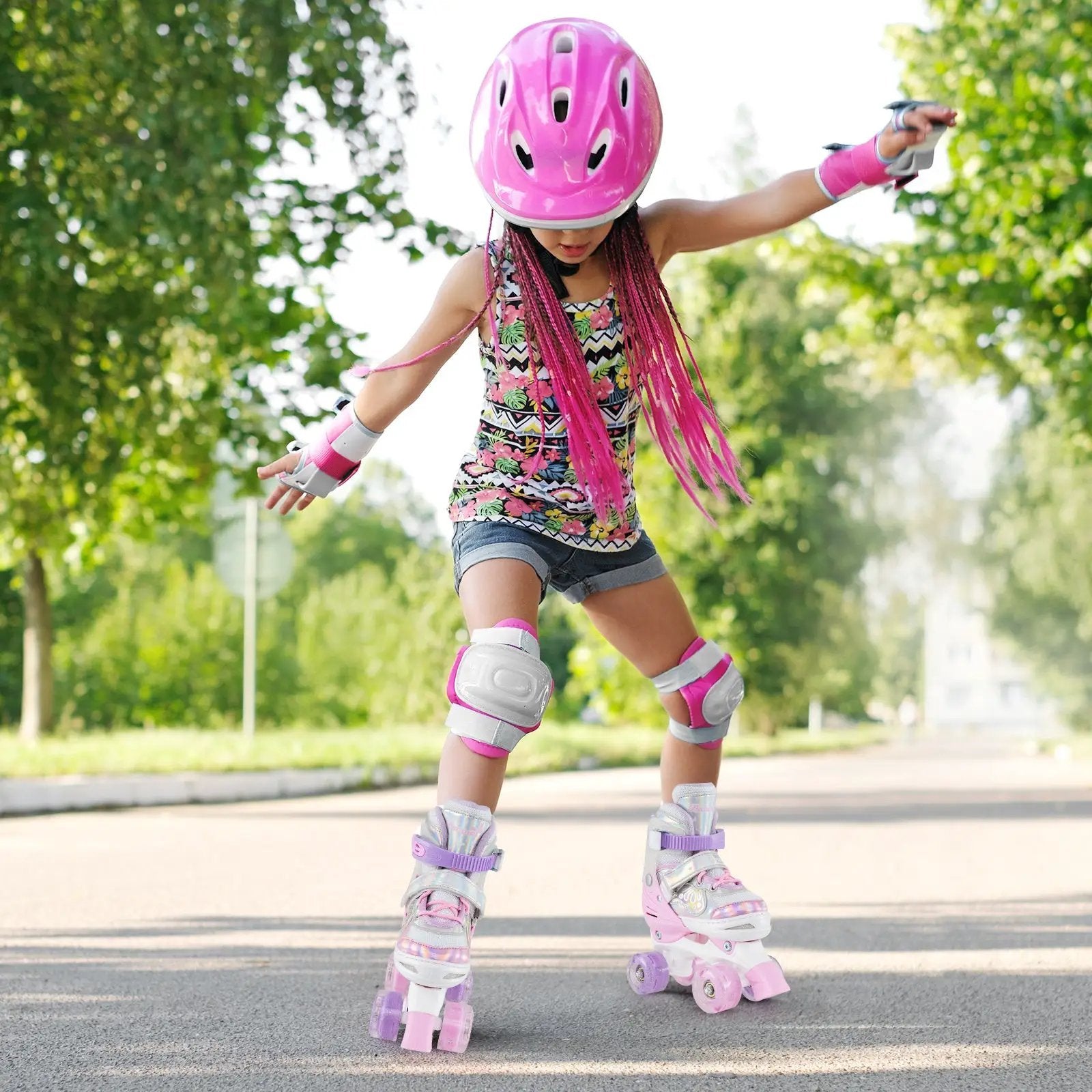 Kids Roller Skates 4 Sizes Adjustable Quad Skates with Light-up Wheels and Safety Protection by DirectDeals