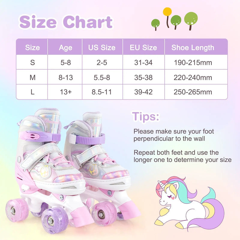 Kids Roller Skates 4 Sizes Adjustable Quad Skates with Light-up Wheels and Safety Protection by DirectDeals