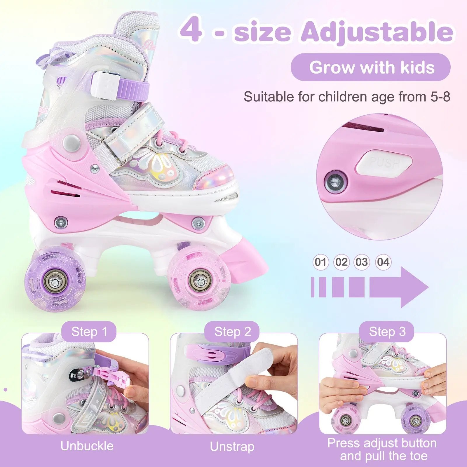 Kids Roller Skates 4 Sizes Adjustable Quad Skates with Light-up Wheels and Safety Protection by DirectDeals