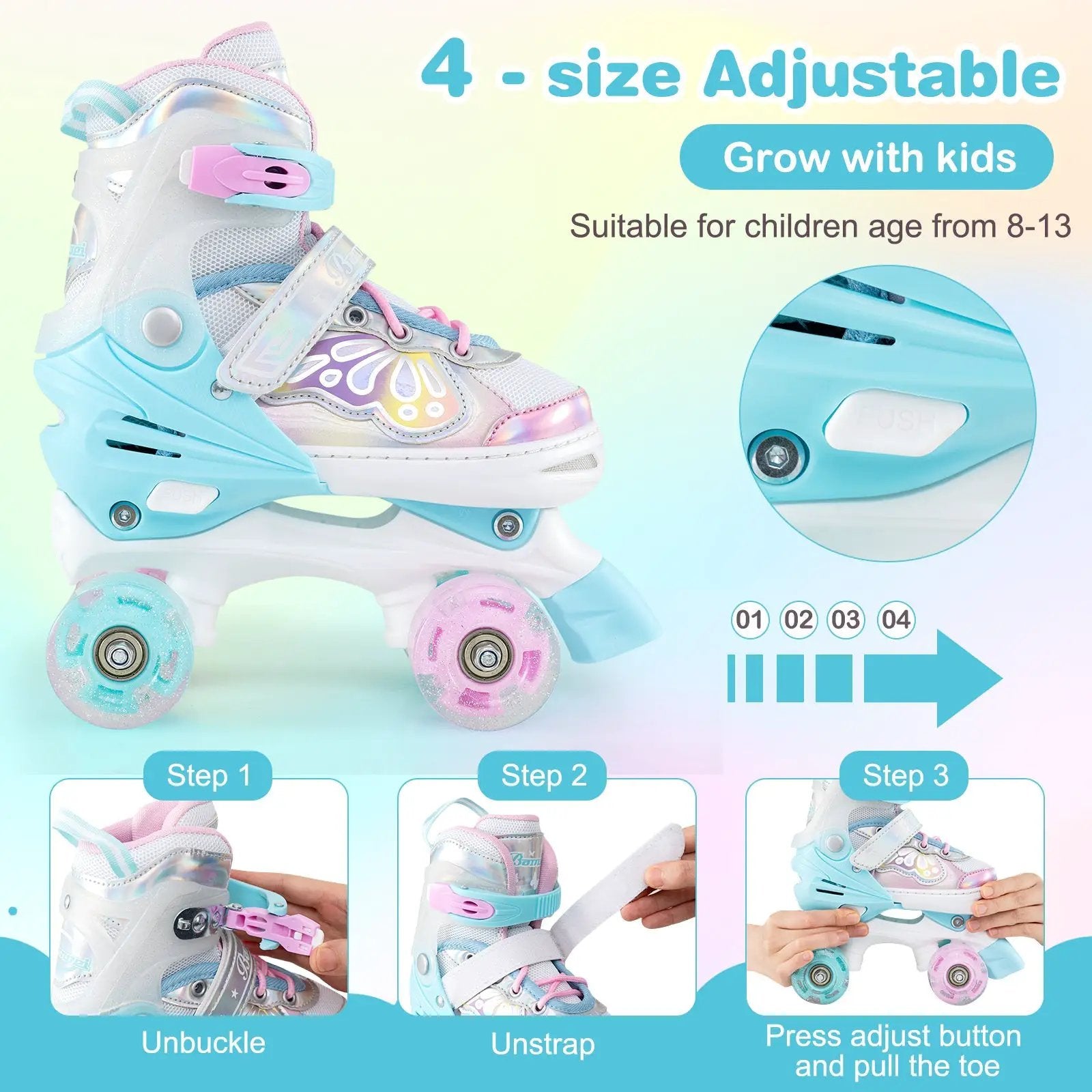 Kids Roller Skates 4 Sizes Adjustable Quad Skates with Light-up Wheels by DirectDeals