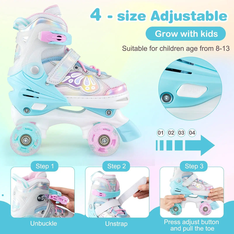 Kids Roller Skates 4 Sizes Adjustable Quad Skates with Light-up Wheels by DirectDeals
