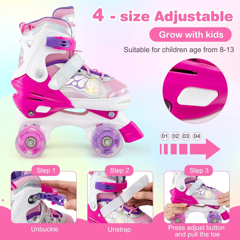 Kids Roller Skates 4 Sizes Adjustable Quad Skates with Light-up Wheels by DirectDeals