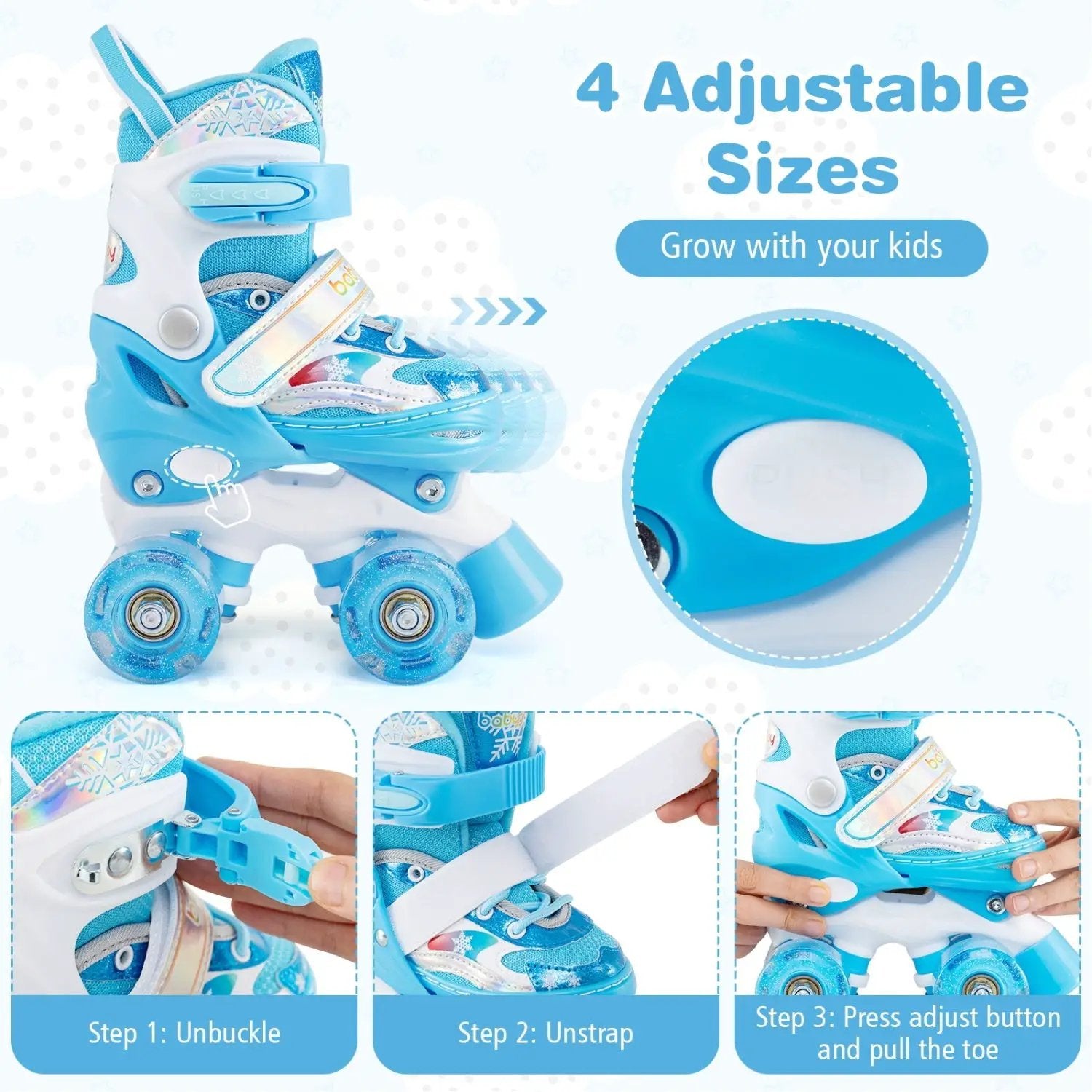 Kids Roller Skates 4 Sizes Adjustable with Light-up Wheels for Toddler Aged 3-4 (XS) by DirectDeals
