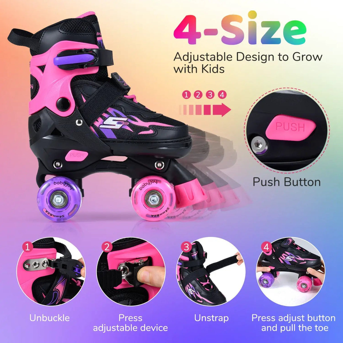 Kids Roller Skates for Girls Boys 4 Sizes Adjustable Quad Skates with Light-up Wheels, photo 13 of 24