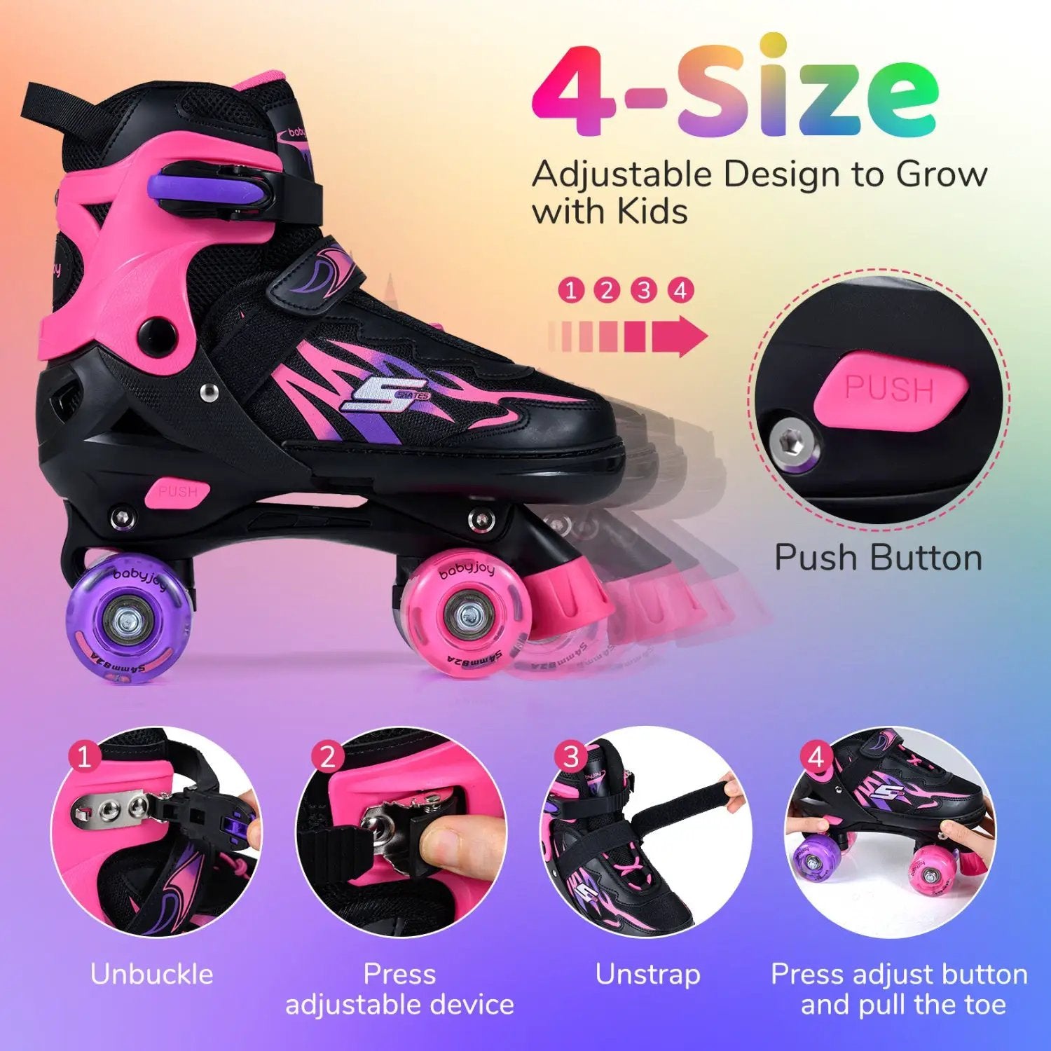 Kids Roller Skates for Girls Boys 4 Sizes Adjustable Quad Skates with Light-up Wheels for Outdoor by DirectDeals
