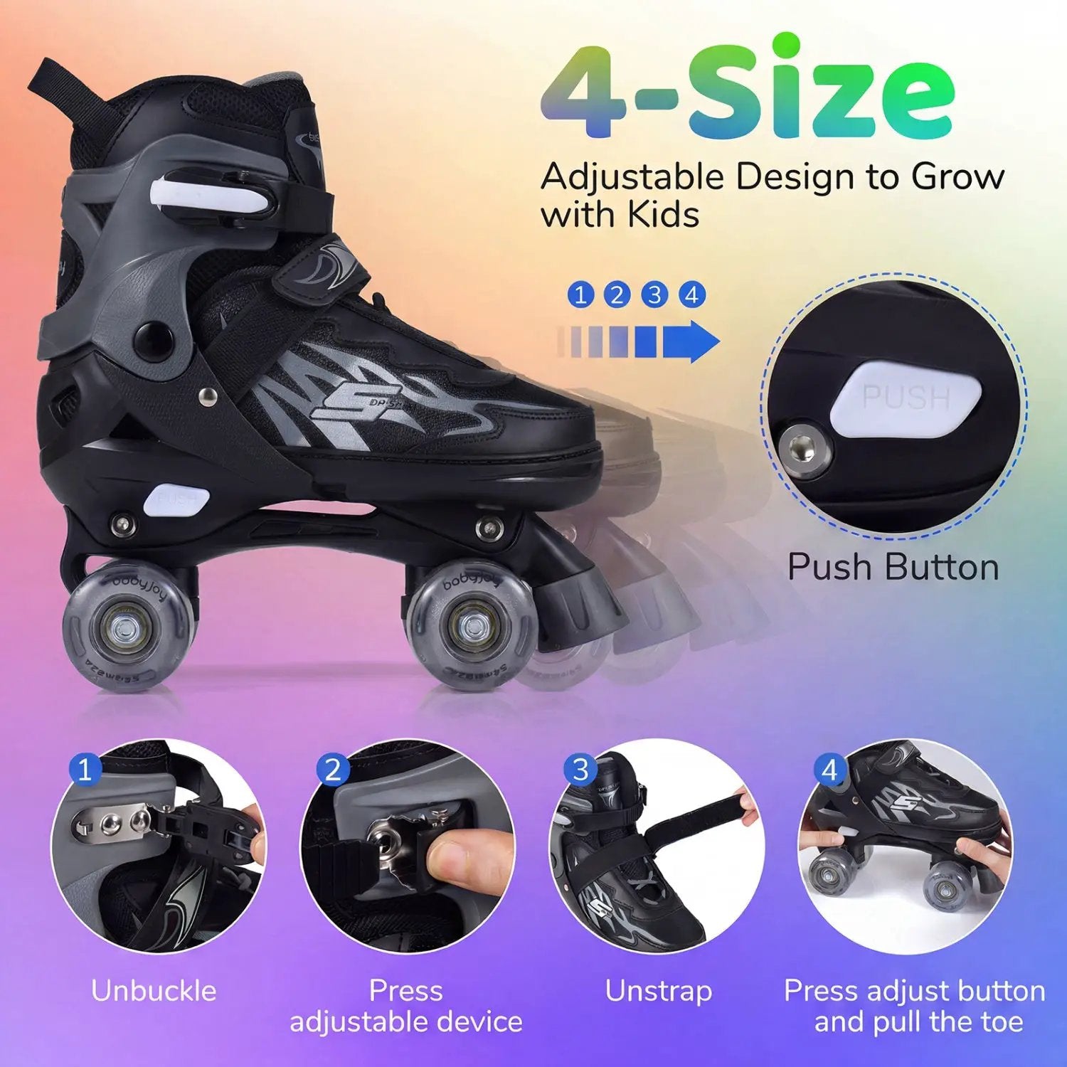 Kids Roller Skates for Girls Boys 4 Sizes Adjustable Quad Skates with Light-up Wheels for Outdoor by DirectDeals