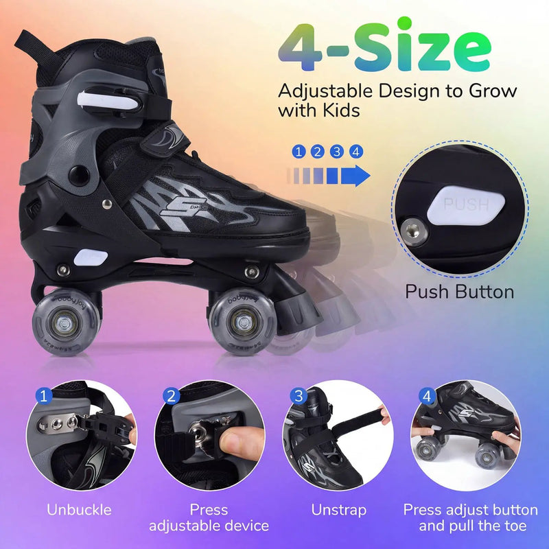 Kids Roller Skates for Girls Boys 4 Sizes Adjustable Quad Skates with Light-up Wheels for Outdoor by DirectDeals