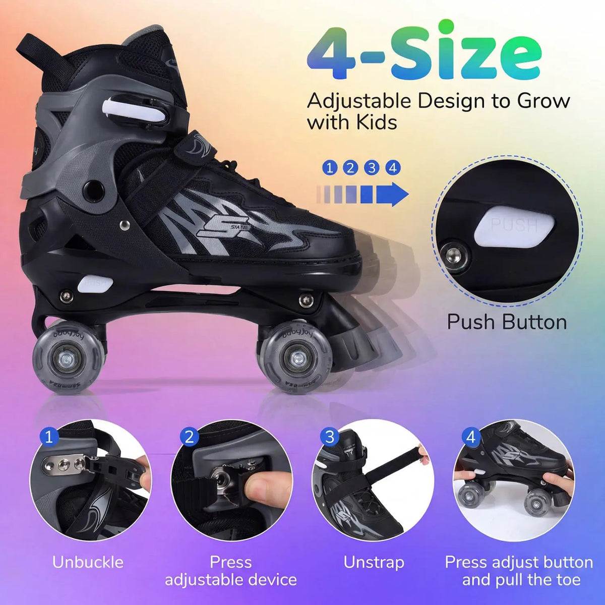 Kids Roller Skates for Girls Boys Teens 4 Sizes Adjustable Quad Skates with Light-up Wheels, photo 14 of 24