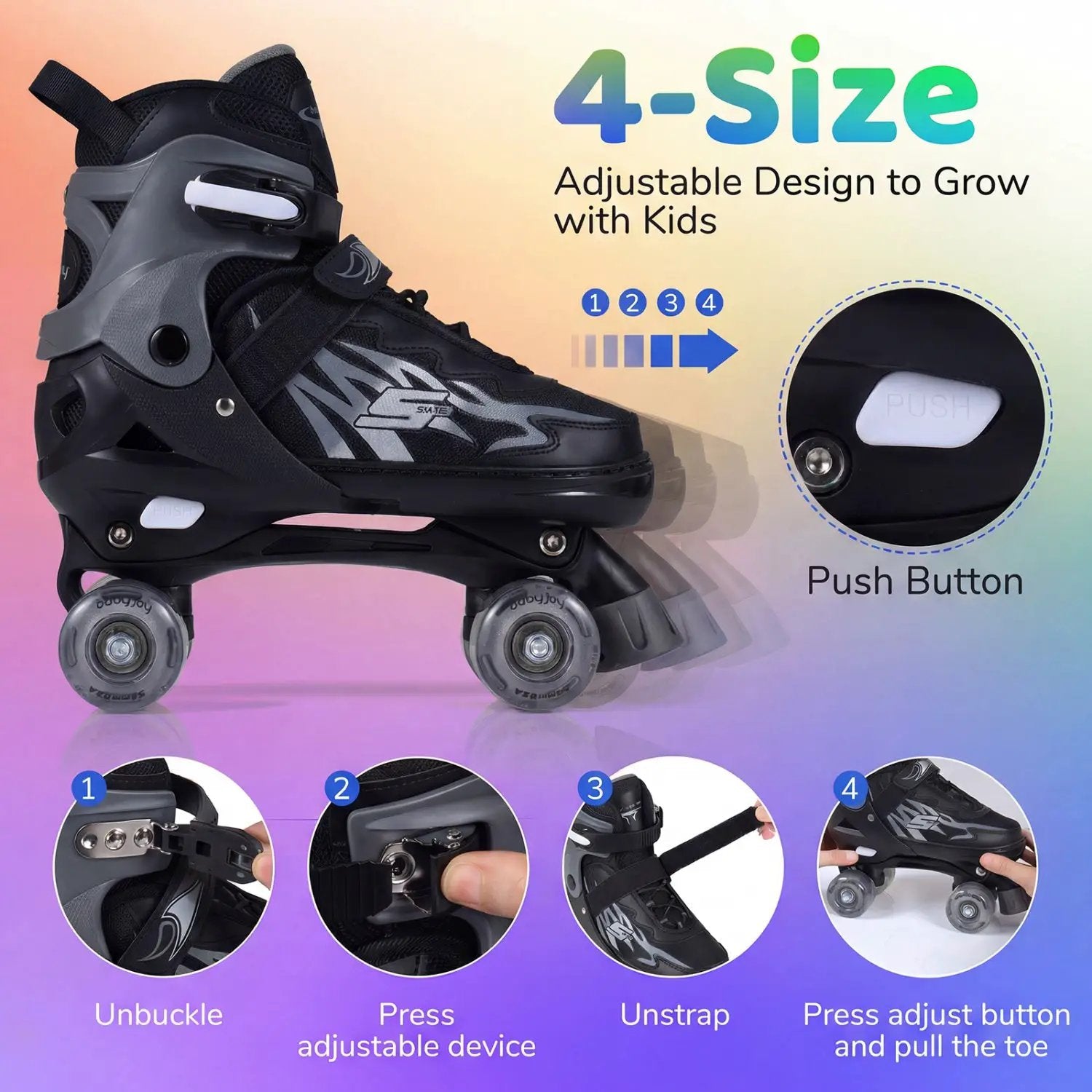 Kids Roller Skates for Girls Boys Teens 4 Sizes Adjustable Quad Skates with Light-up Wheels by DirectDeals