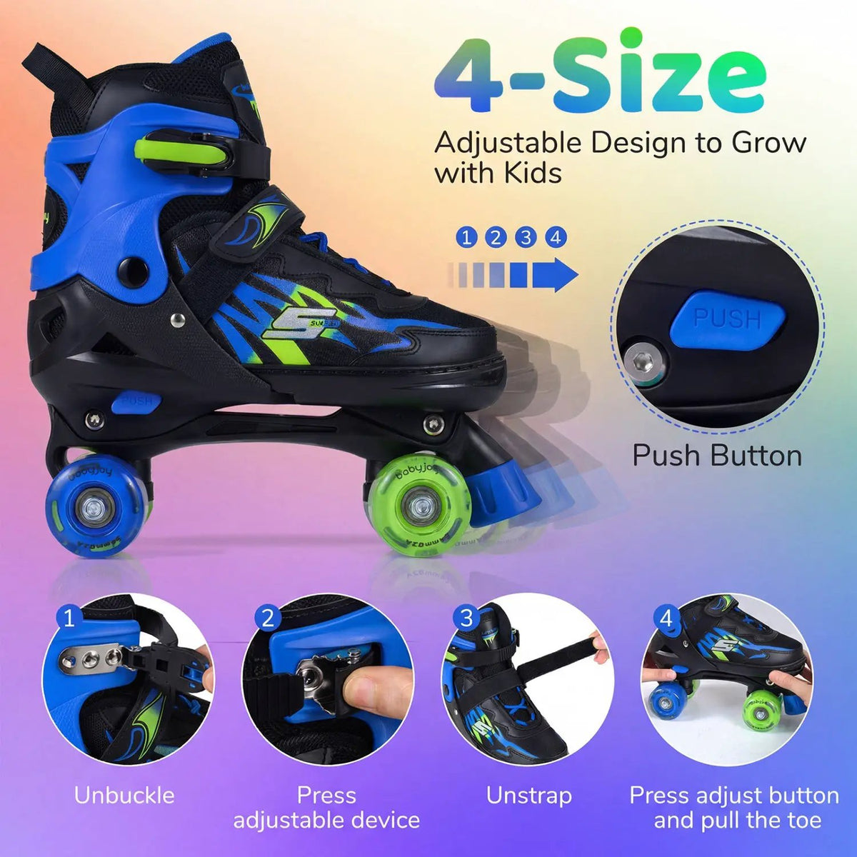 Kids Roller Skates for Girls Boys Teens 4 Sizes Adjustable Quad Skates with Light-up Wheels, photo 13 of 24