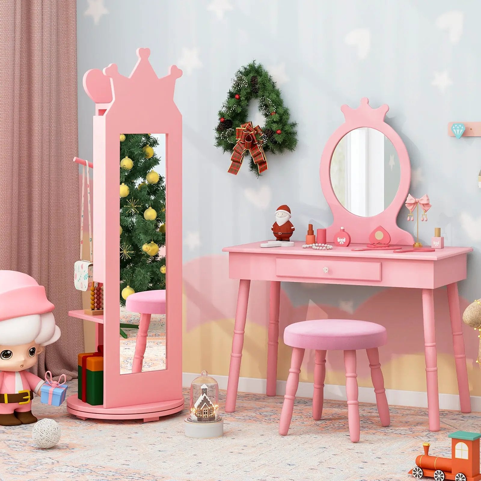Kids Room Furniture Set Princess Vanity Table and Stool Set with Mirror and Drawer by DirectDeals