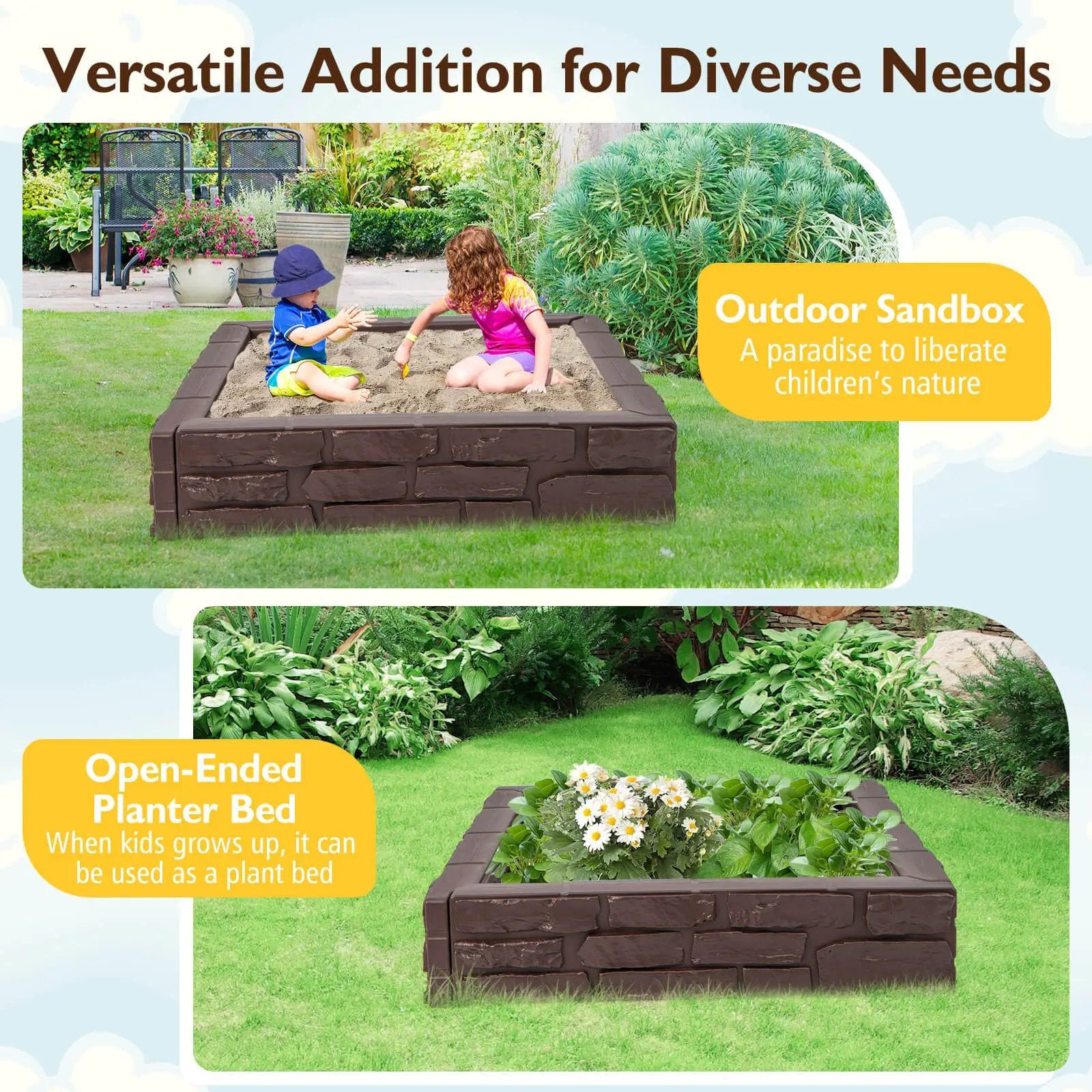 2-In-1 HDPE Kids Sandbox with Cover and Bottom Liner by DirectDeals
