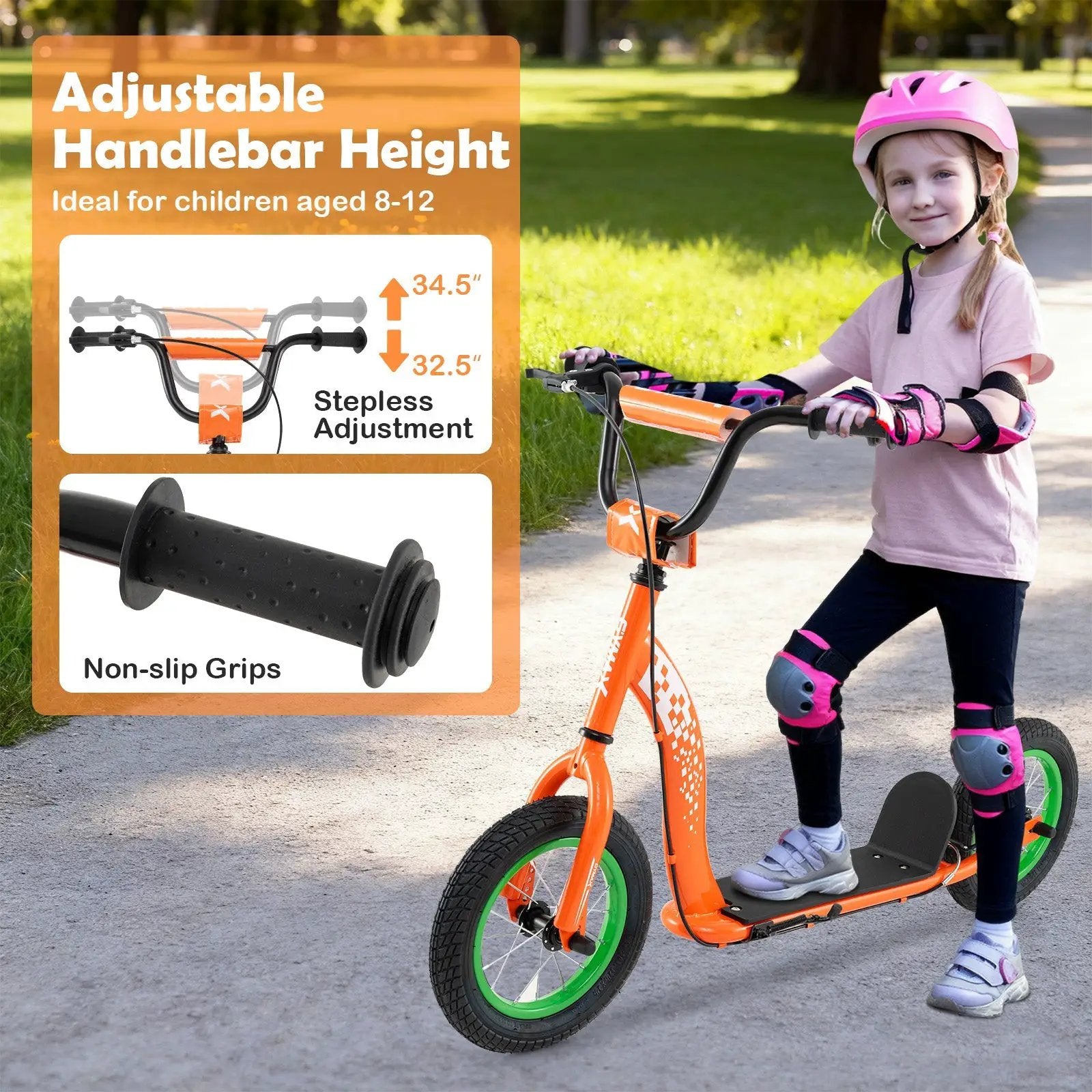 Kids Scooter Youth Kick Scooter with Adjustable Height Handlebar 12-Inch Inflatable Wheels by DirectDeals
