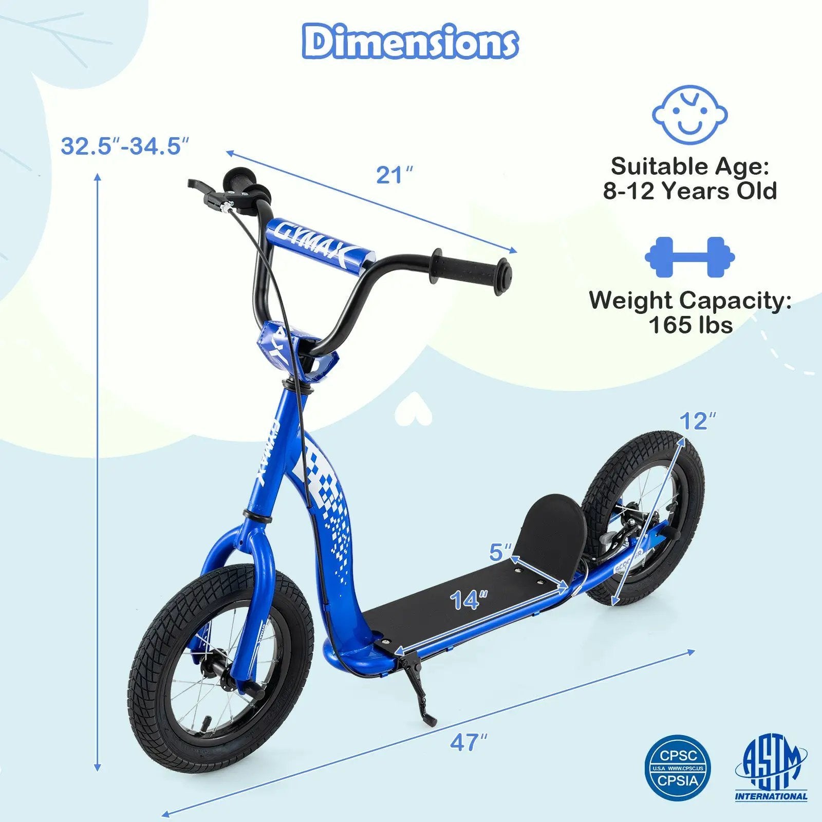 Kids Scooter Youth Kick Scooter with Adjustable Height Handlebar 12-Inch Inflatable Wheels by DirectDeals