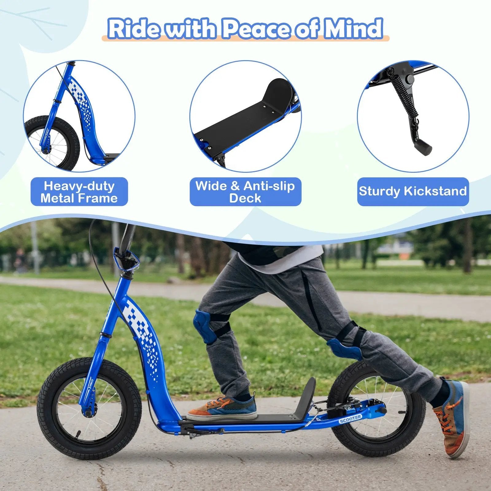 Kids Scooter Youth Kick Scooter with Adjustable Height Handlebar 12-Inch Inflatable Wheels by DirectDeals