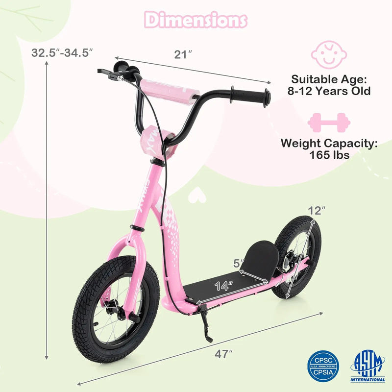 Kids Scooter Youth Kick Scooter with Adjustable Height Handlebar 12-Inch Inflatable Wheels by DirectDeals