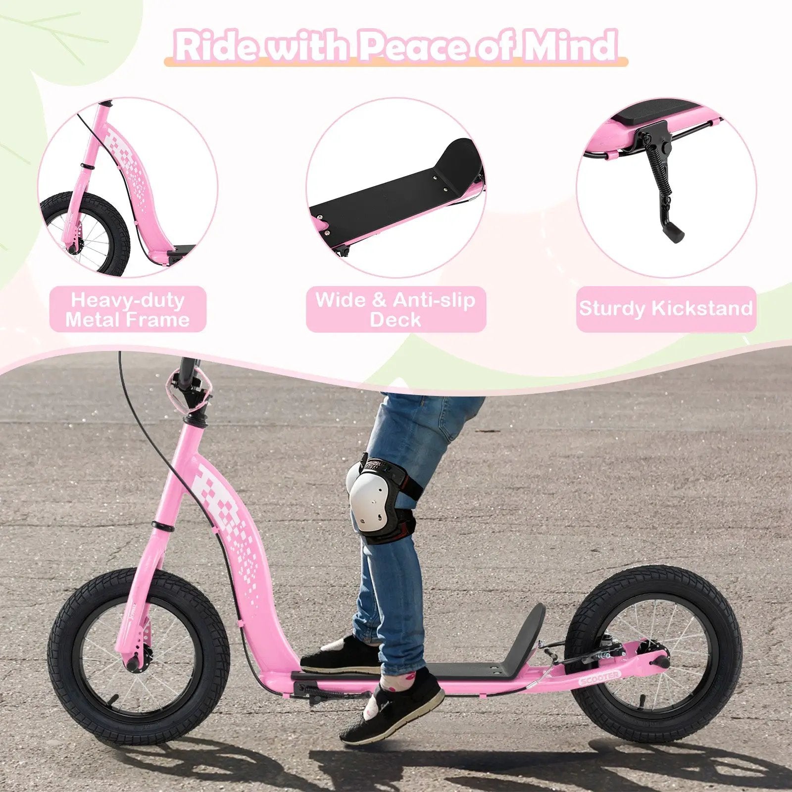 Kids Scooter Youth Kick Scooter with Adjustable Height Handlebar 12-Inch Inflatable Wheels by DirectDeals